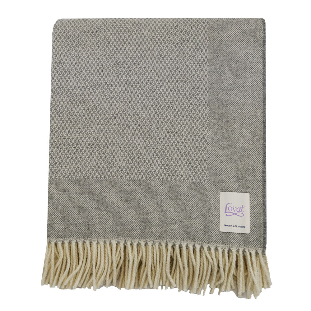 100% Lambswool Diamond Border Blanket - Pebble Grey