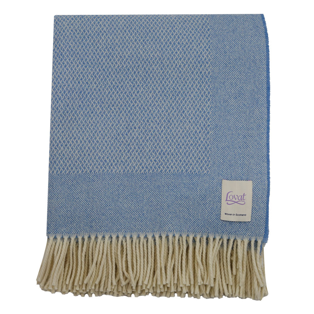 100% Lambswool Diamond Border Blanket - Sky Blue