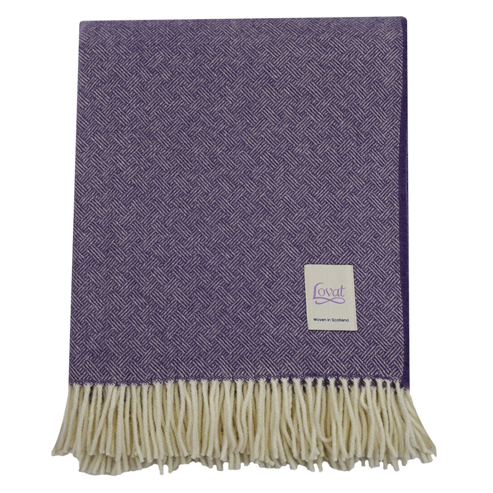 100% Lambswool Diamond Border Blanket -  Heather Purple